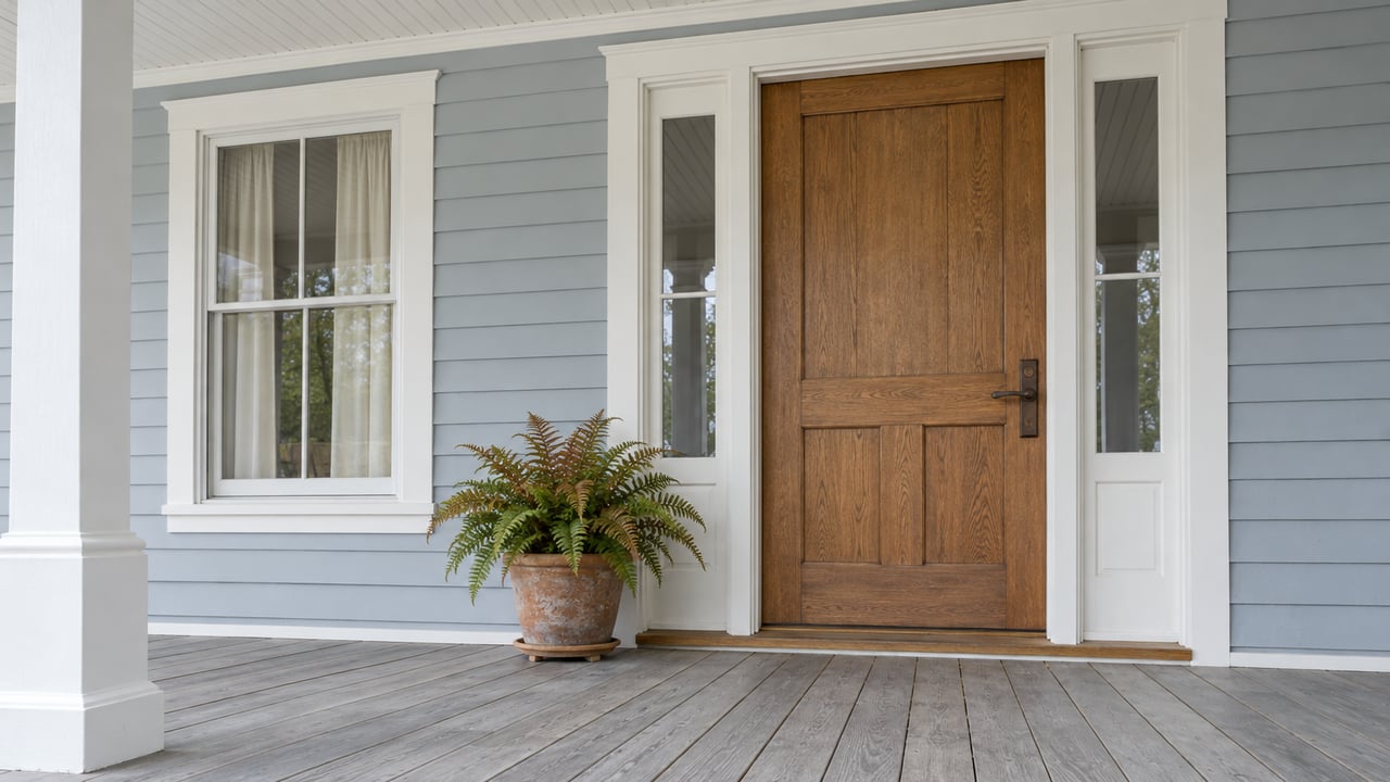 Pale blue-gray siding and a broad weathered porch frame an oak front door with paired sidelights and a potted copper-green fern.
