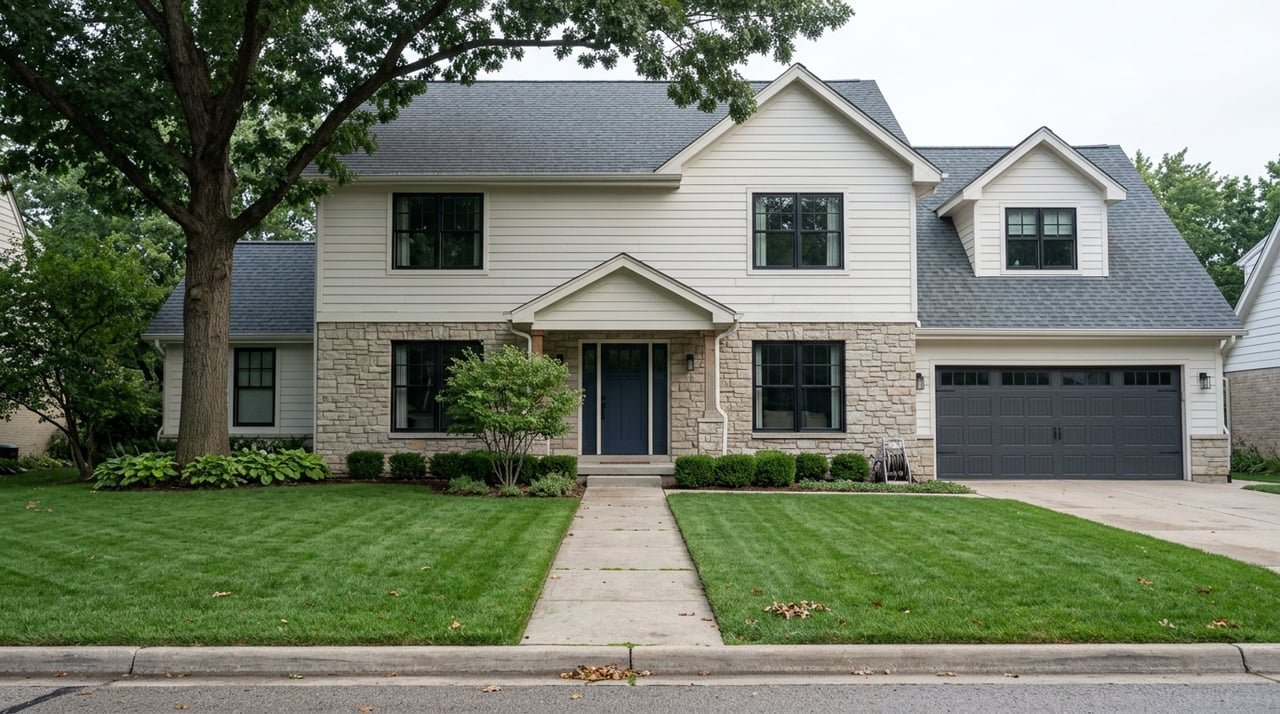 Two-story stone-and-white-sided home with a deep lawn, straight walkway, mature oak, and covered entry.