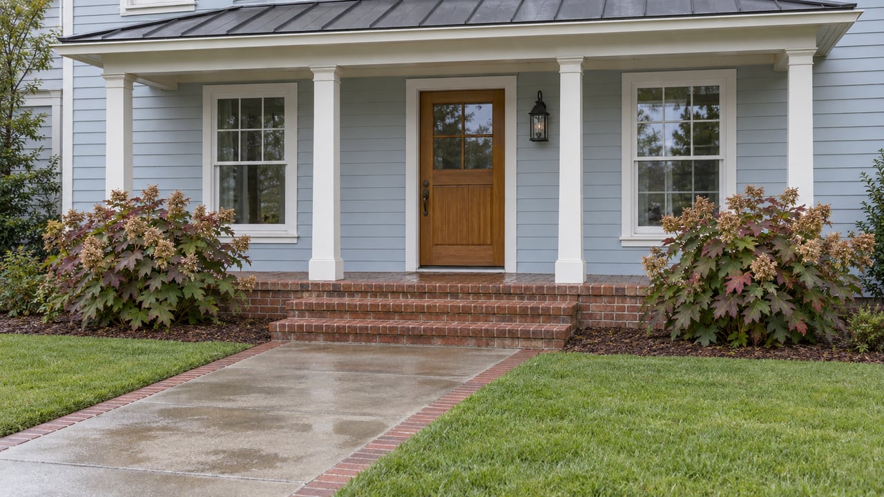 Pale-blue clapboard house with a wood front door, white-trimmed windows, brick porch steps and a concrete approach across green lawn.