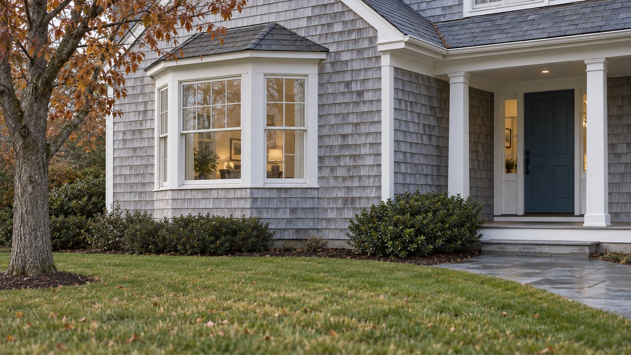Silver-gray shingle house with a three-sided window bay, recessed blue door, and autumn lawn.