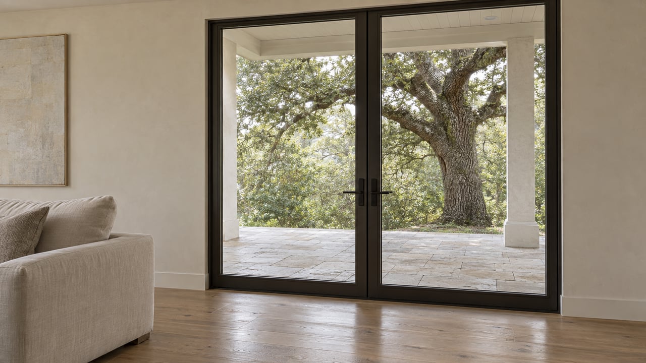 Living room with closed glazed doors opening onto a covered porch and live oak.