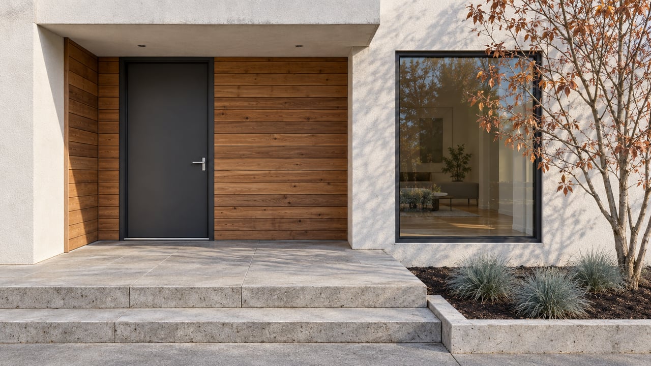 Close view of a contemporary home's cedar and pale stucco entrance, charcoal door, limestone steps and copper-leaved serviceberry.