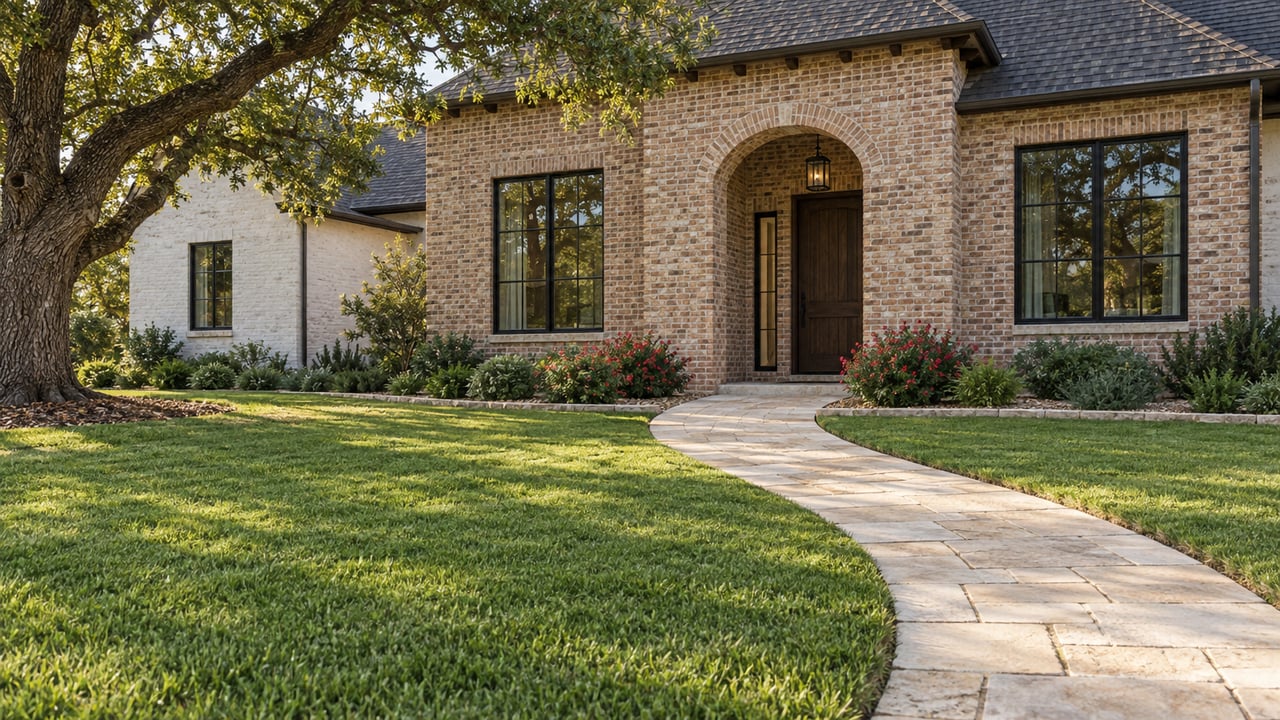 Brick house with an arched entry, curved limestone path, broad lawn, and mature oak tree.