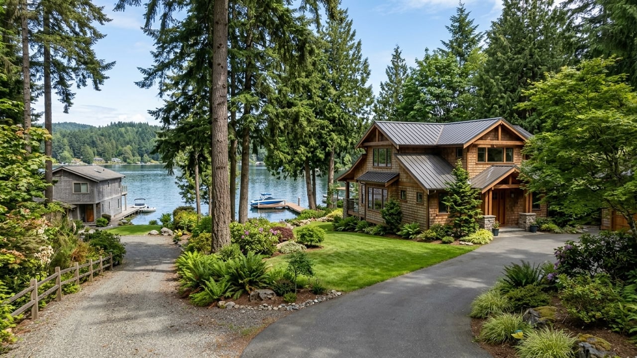 Wooded lakefront home with a dock, boats, and landscaped driveway.