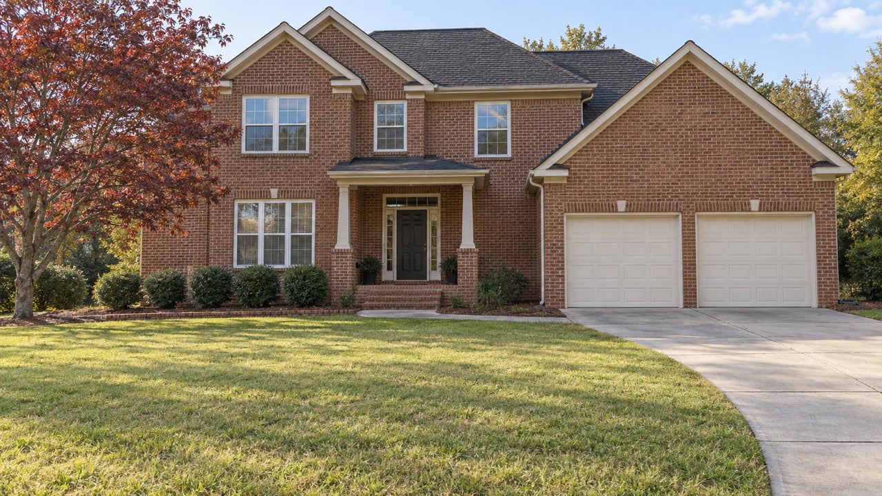 Two-story red-brown brick home with white windows, dark gabled roof and attached garage across a deep autumn lawn.