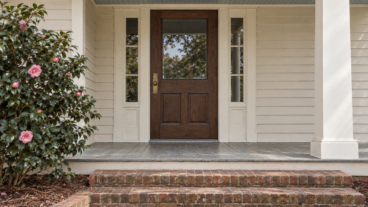 Historic house entry with ivory clapboards, a glazed oak door, blue-gray porch ceiling, and aged brick steps beside a camellia.