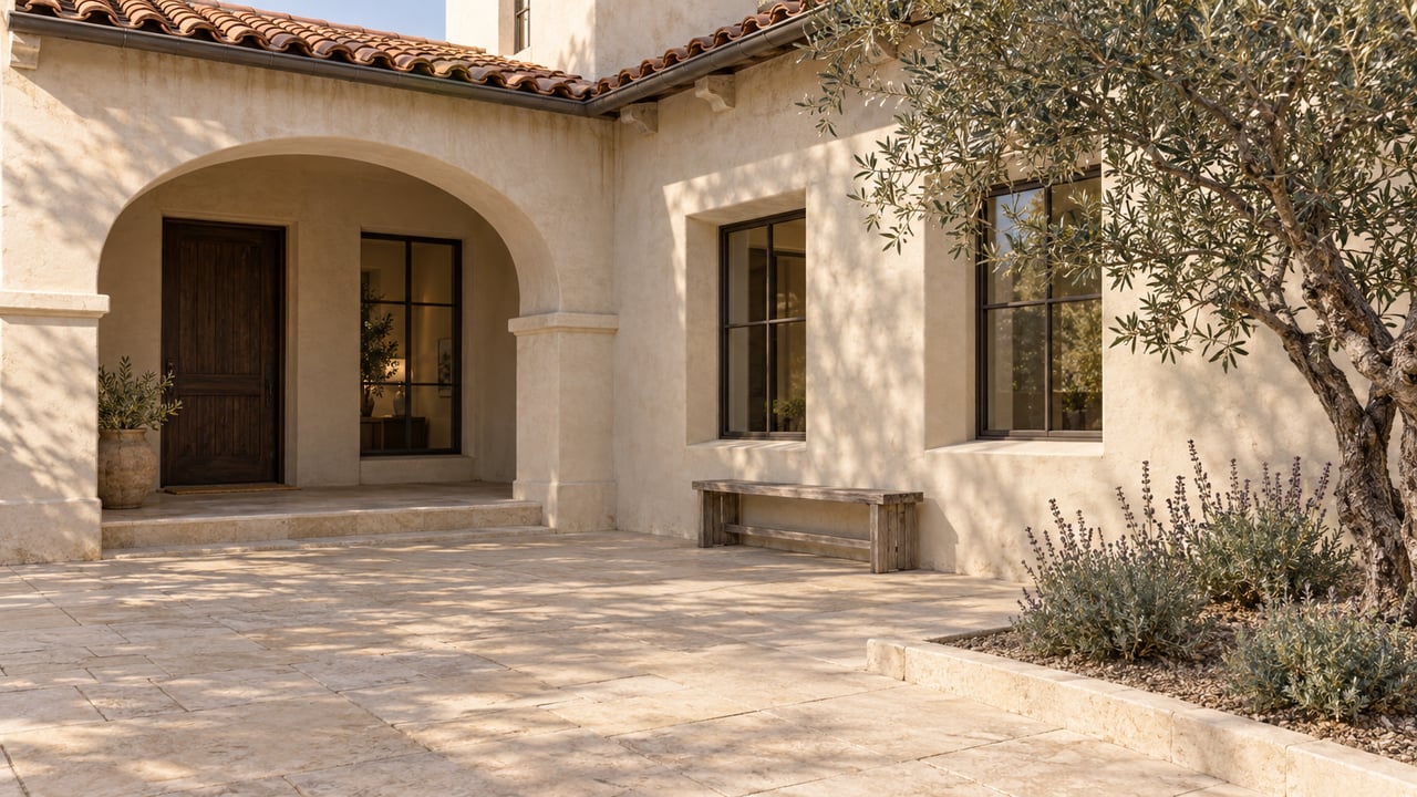 Sunlit ivory stucco courtyard with a terracotta roof, arched entry porch, limestone paving and a mature olive tree.