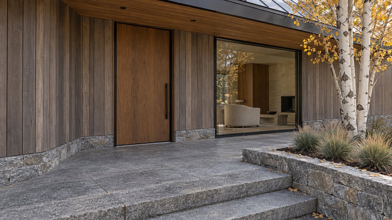Contemporary home entry with weathered wood siding, quartzite walls, granite steps and a golden-leaved aspen.