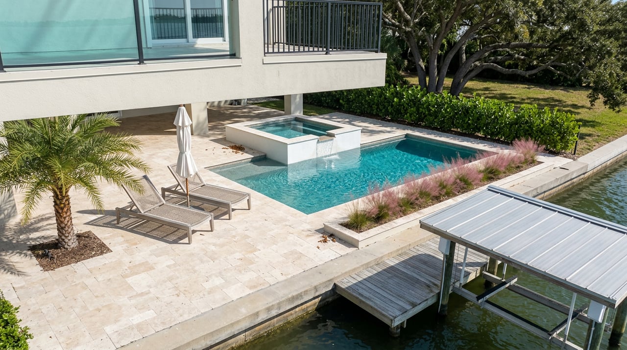 Waterfront pool terrace with a raised white spa, teak loungers, palm, and dock beside open water.