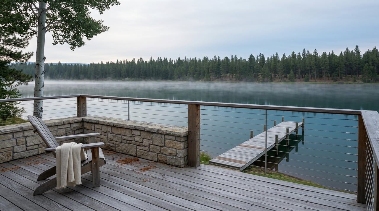Weathered lakeside deck with a stone half-wall, Adirondack chair and blanket overlooking a misty lake and dock.