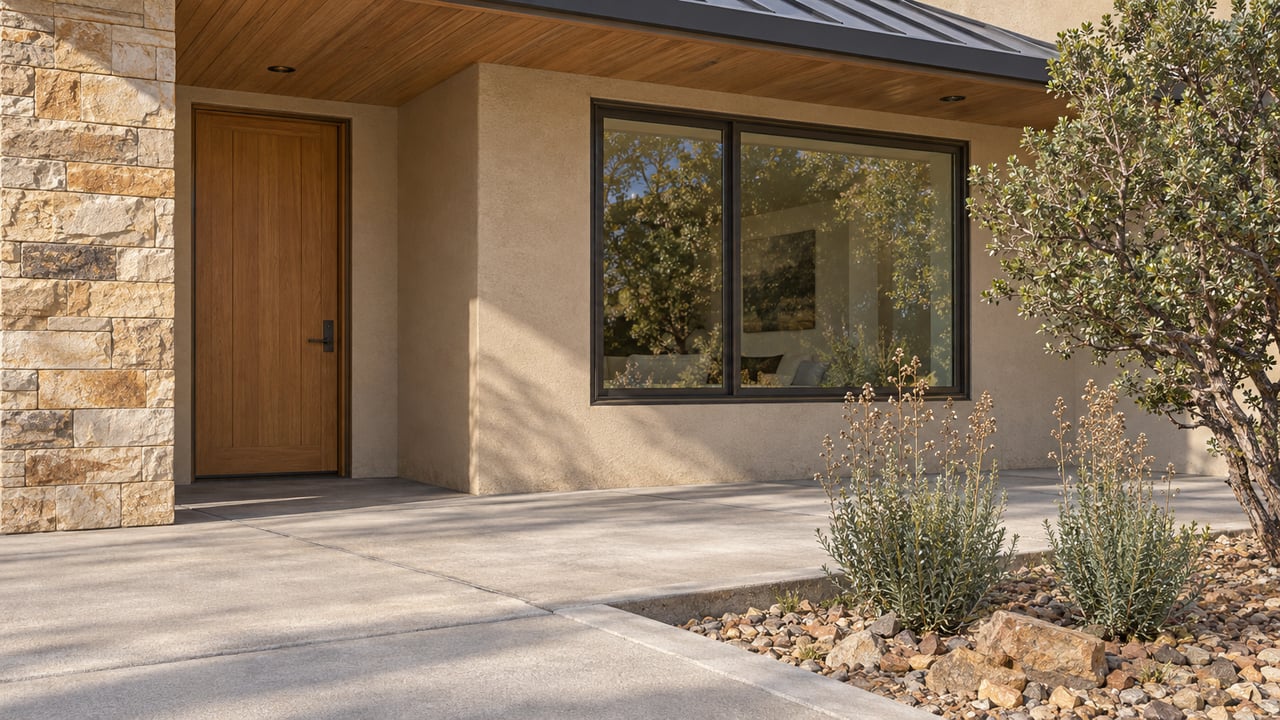 Sand-colored contemporary home entry with an oak door, sandstone pier, bronze-framed window, and a raised concrete terrace beside drought-adapted planting.