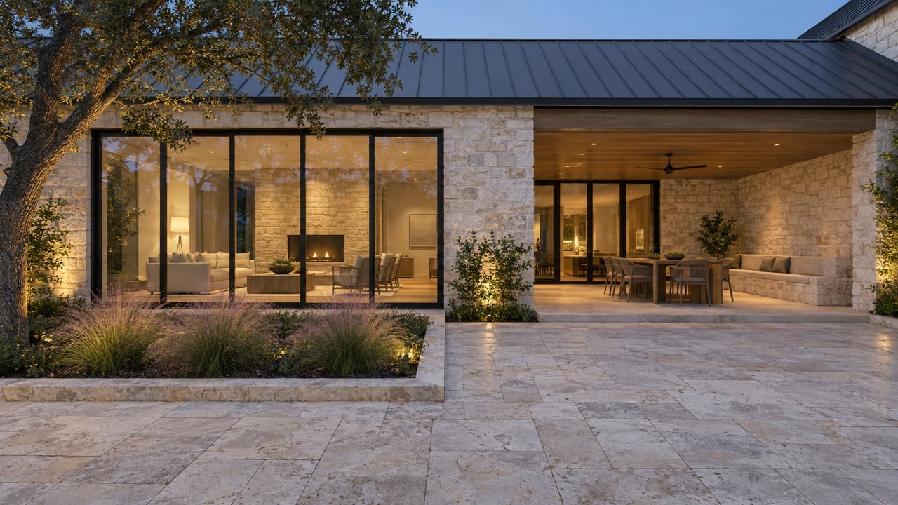 Limestone home with glass living-room facade and covered terrace, facing a paved courtyard at twilight.