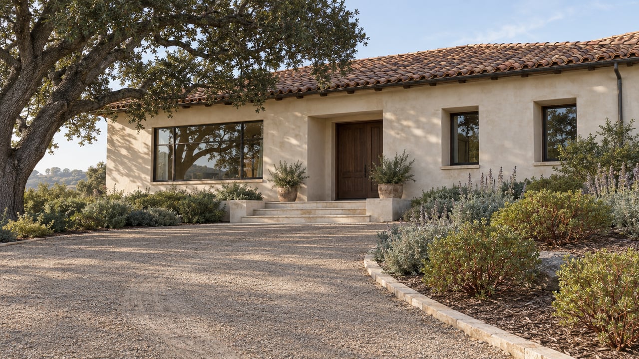 Warm stucco residence with terracotta roof beyond a long granite approach, framed by a mature oak and sculptural drought-adapted planting.