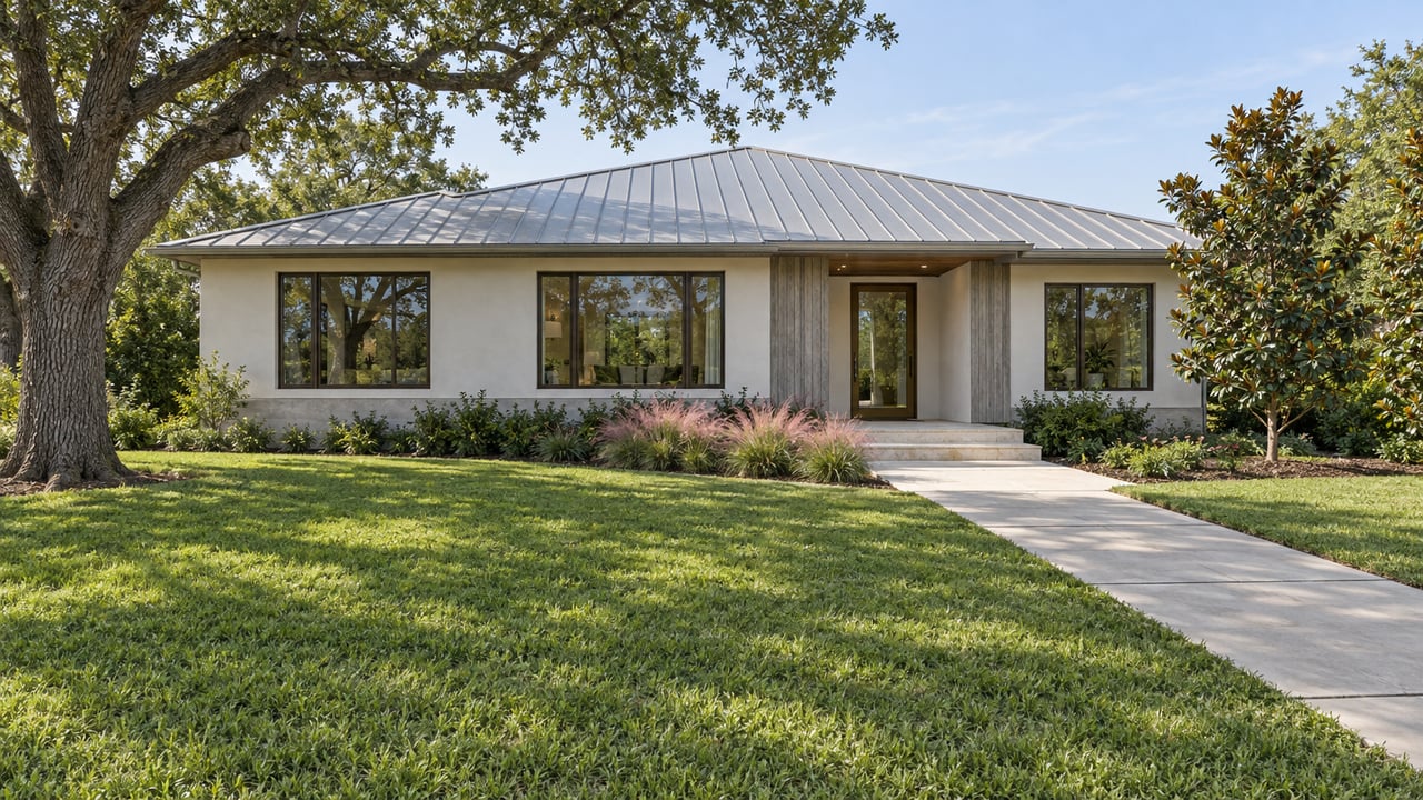 Contemporary white house with a silver metal roof, broad front lawn, limestone entry steps and a spreading live oak.