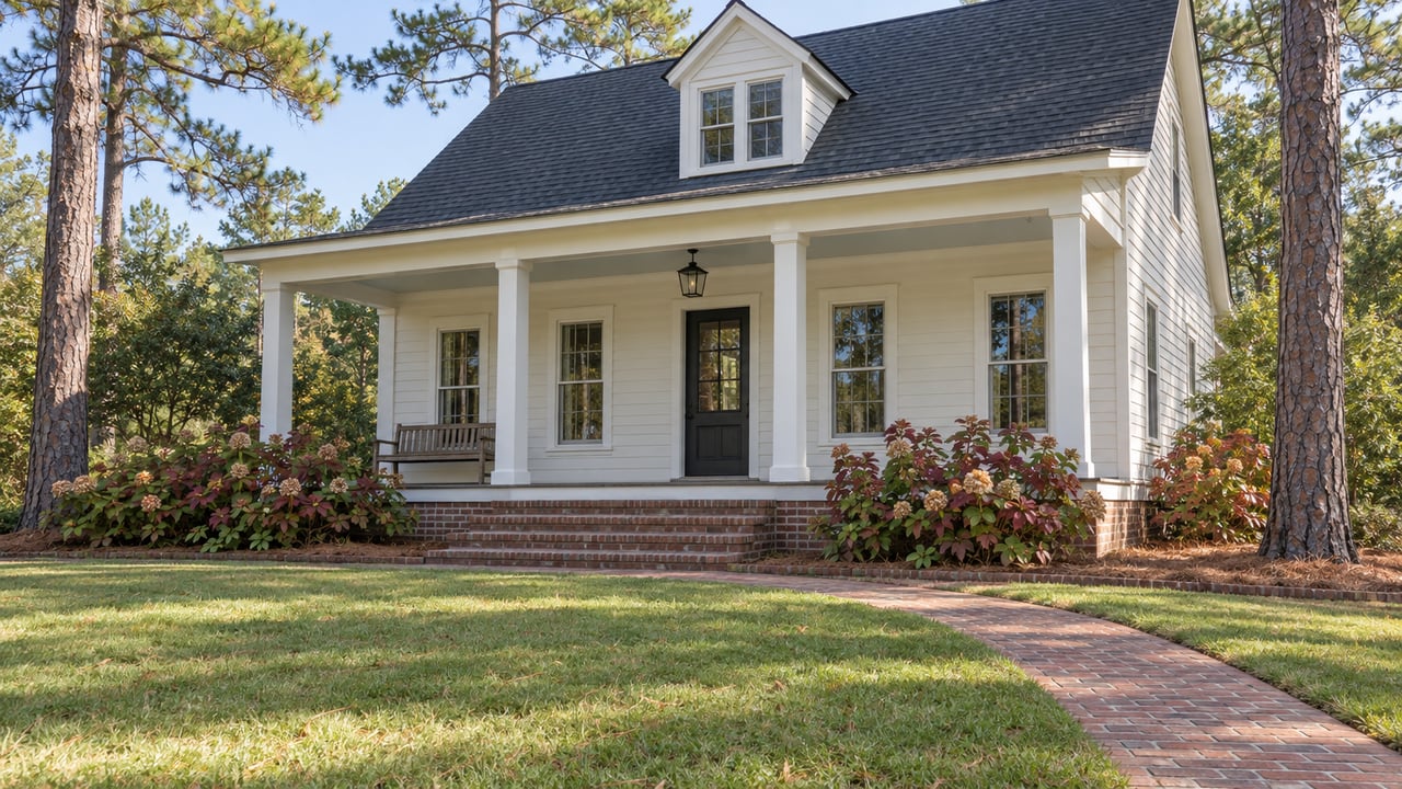 White clapboard home with a brick foundation and covered porch beyond a deep lawn, framed by mature longleaf pines.