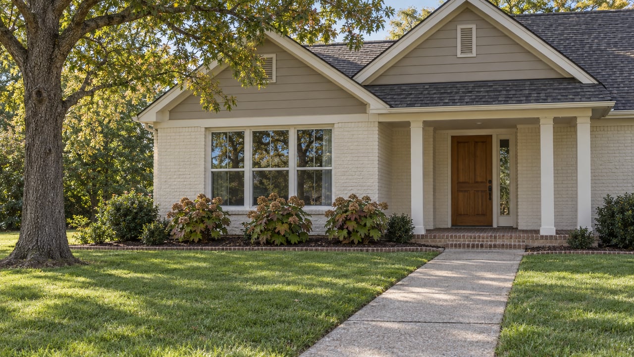 Cream-brick home with taupe gables, a covered timber-door entry, and a concrete path crossing a deep green lawn beneath a mature oak.