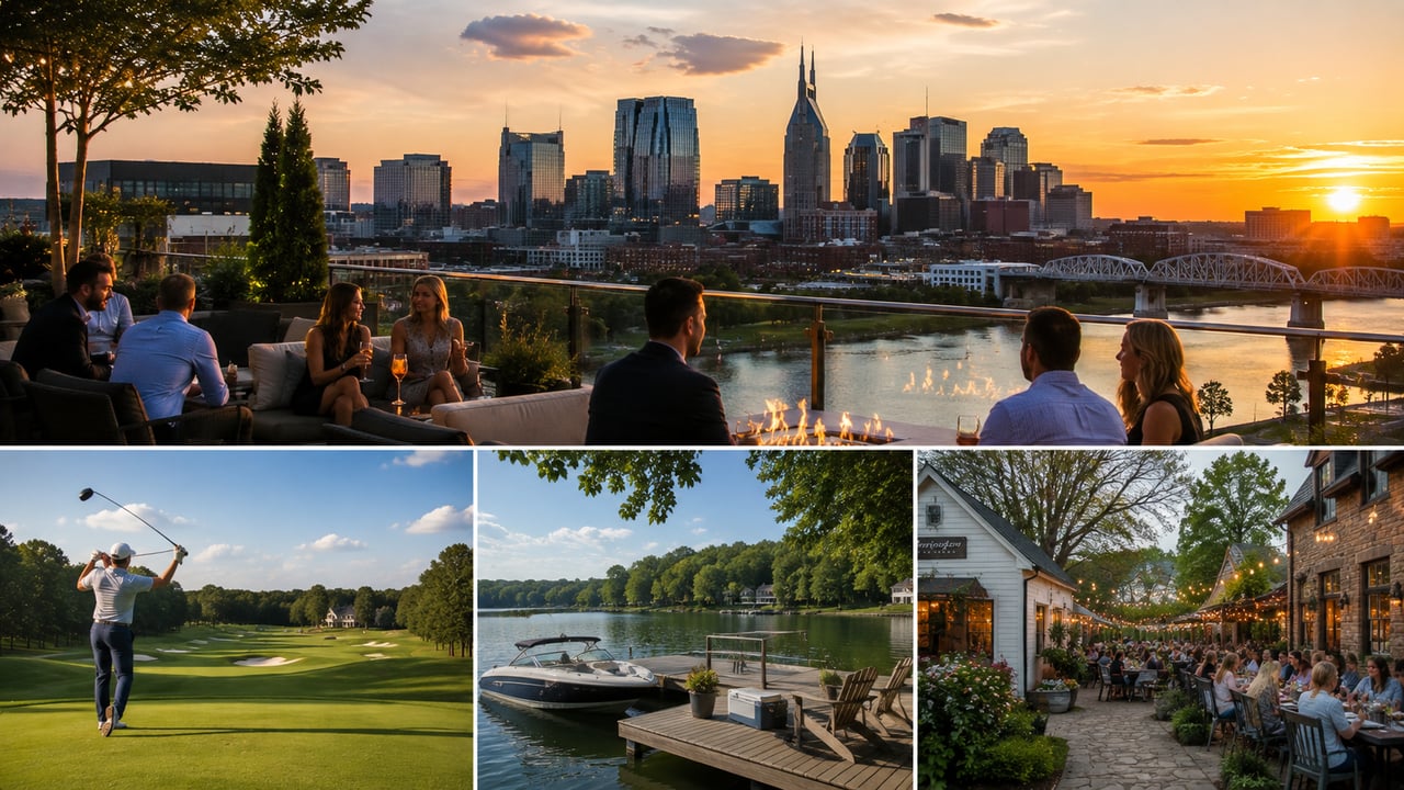 Nashville executive weekend lifestyle featuring rooftop dining with skyline views, luxury golf, boating on a Tennessee lake, and upscale outdoor dining in the countryside.