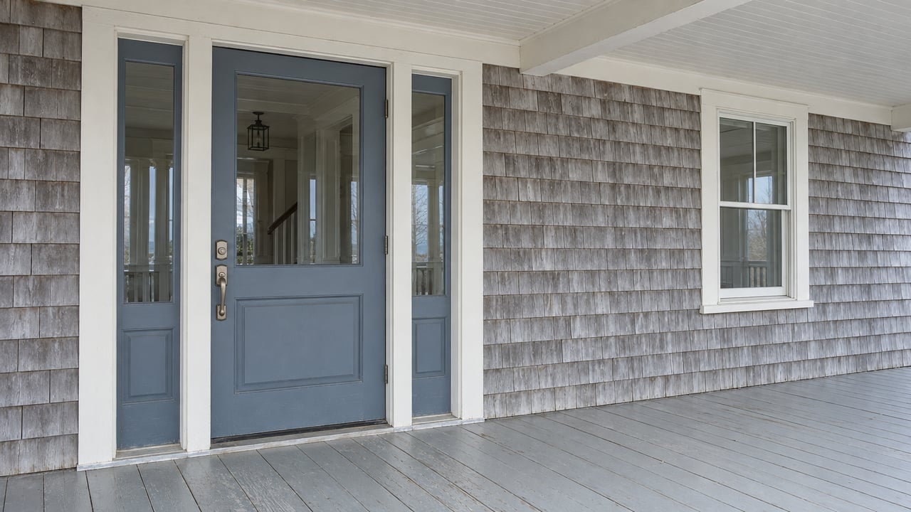 Covered porch of a shingled home with a slate-blue glazed entry door, matching sidelights, and weathered painted floorboards.