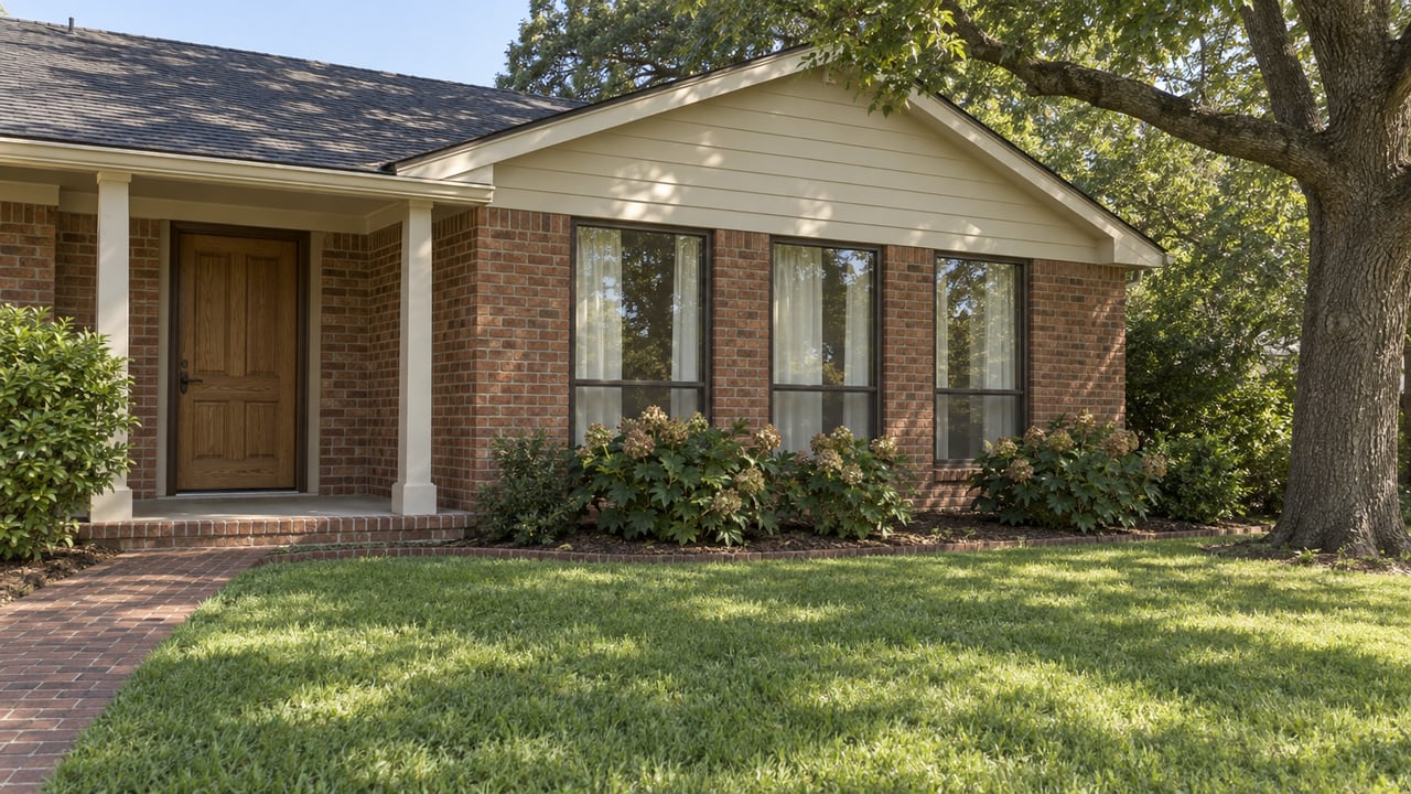 Brick ranch home with a recessed oak entry, broad lawn, mature oak and hydrangeas beneath the windows.