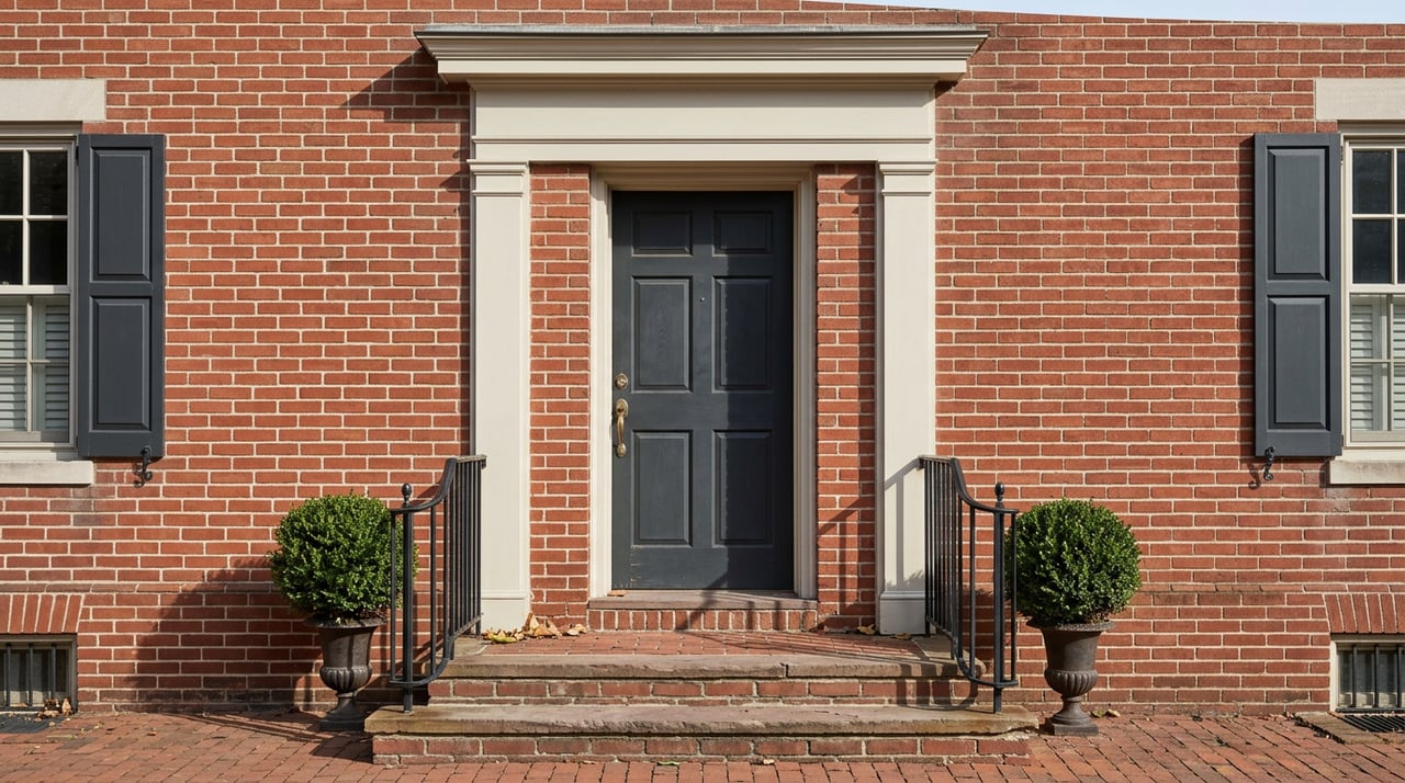Rowhouse entry with a charcoal paneled door, brick steps, iron railings, and boxwood spheres in urns.