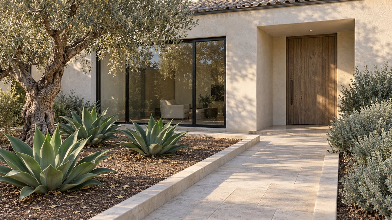Detached stucco house with black-framed windows, oak entry, limestone path, olive tree, agaves, and sage.