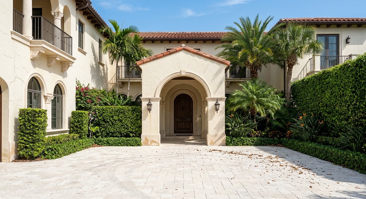 Cream stucco porte cochere with three arches, walnut entry door, limestone motor court, and clipped hedges.