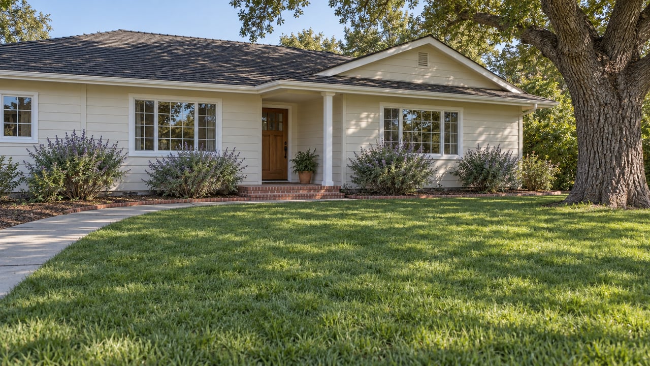 Morning sunlight crosses a deep front lawn toward a cream-sided single-story home with brick porch details and a mature oak.