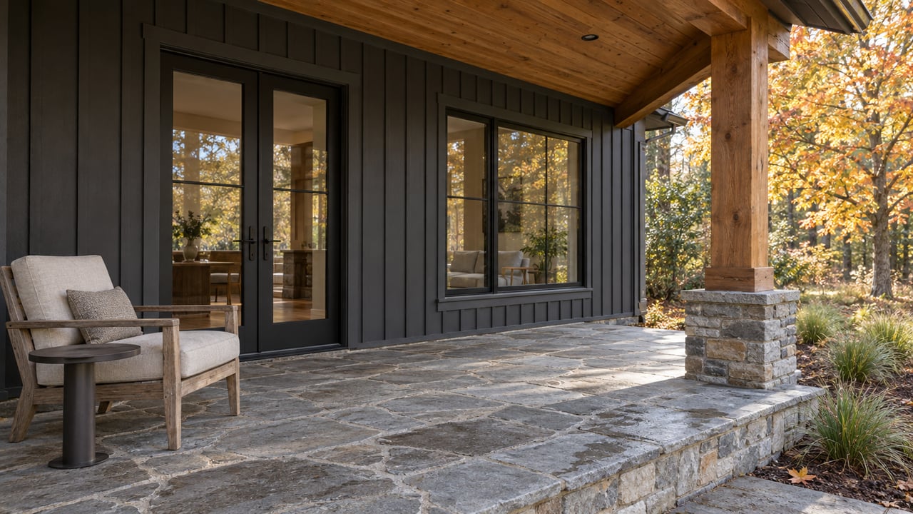 Covered porch with charcoal siding, cedar ceiling, black-framed glass doors and a teak chair beside autumn maple planting.