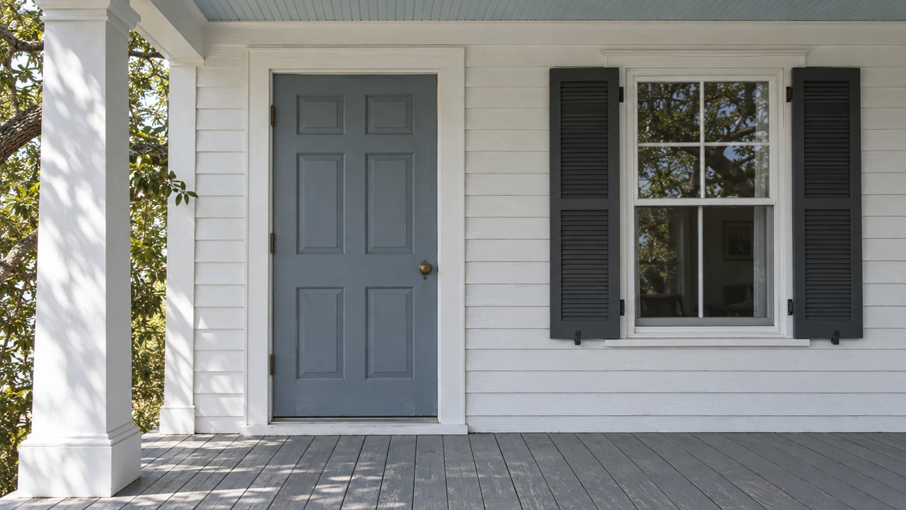 Close view of a shaded white clapboard porch with a blue-gray front door, shuttered window, weathered decking and live-oak leaves.