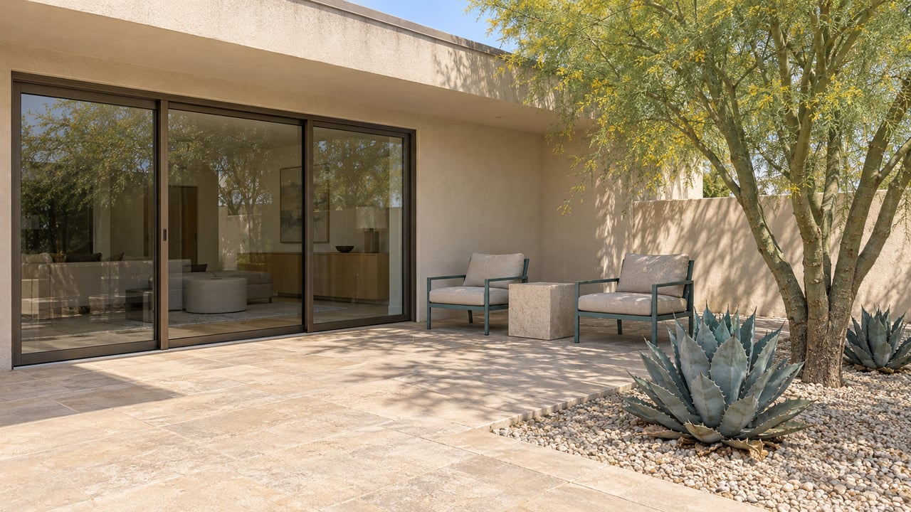 Sunlit limestone terrace beside a low stucco home, with teal lounge chairs, bronze-framed glass doors, a sculptural green-barked tree and two blue-gray agaves.