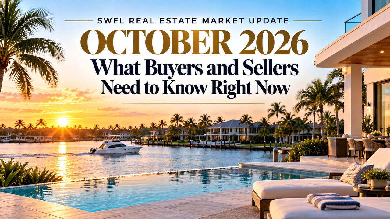 Luxury Southwest Florida waterfront homes at sunset featuring a private infinity pool, palm trees, and a yacht cruising along the canal, illustrating the October 2026 real estate market update for buyers and sellers in Naples, Fort Myers, Bonita Springs, Estero, and Cape Coral as the fall and winter buying season begins.