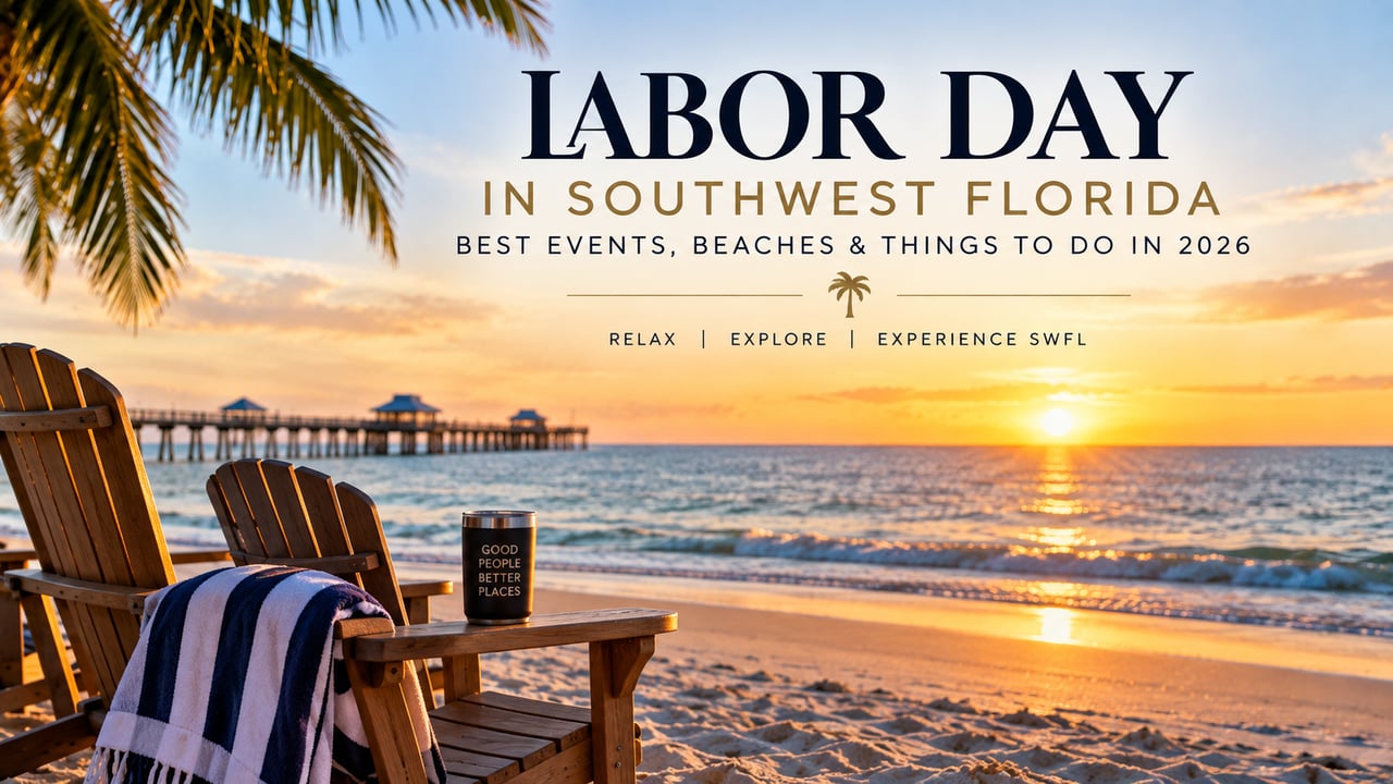 Labor Day weekend in Southwest Florida featuring a Gulf Coast beach at sunset, highlighting events, beaches, and things to do in Naples, Fort Myers, Cape Coral, and Bonita Springs in 2026.