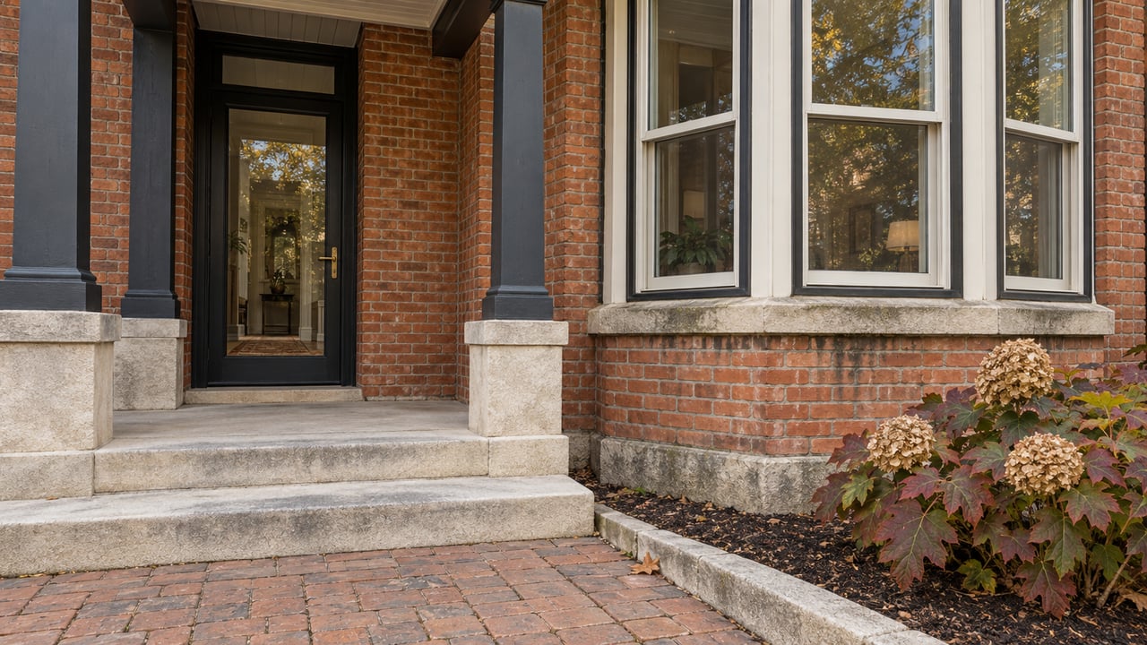 Red-brick home entrance with a black glazed door, white-trimmed bay window, worn limestone steps and bronze oakleaf hydrangea.