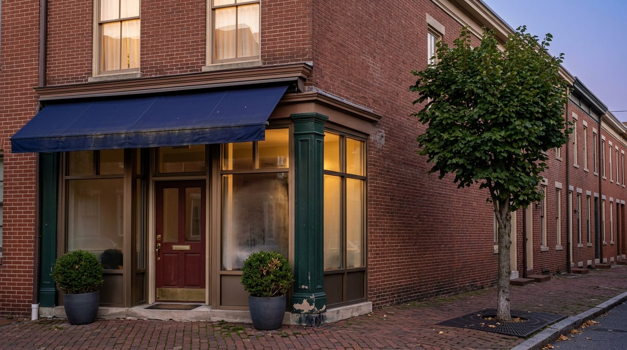 Two-story brick storefront with warm-lit windows, green cast-iron columns, a navy awning, and boxwoods at dusk.