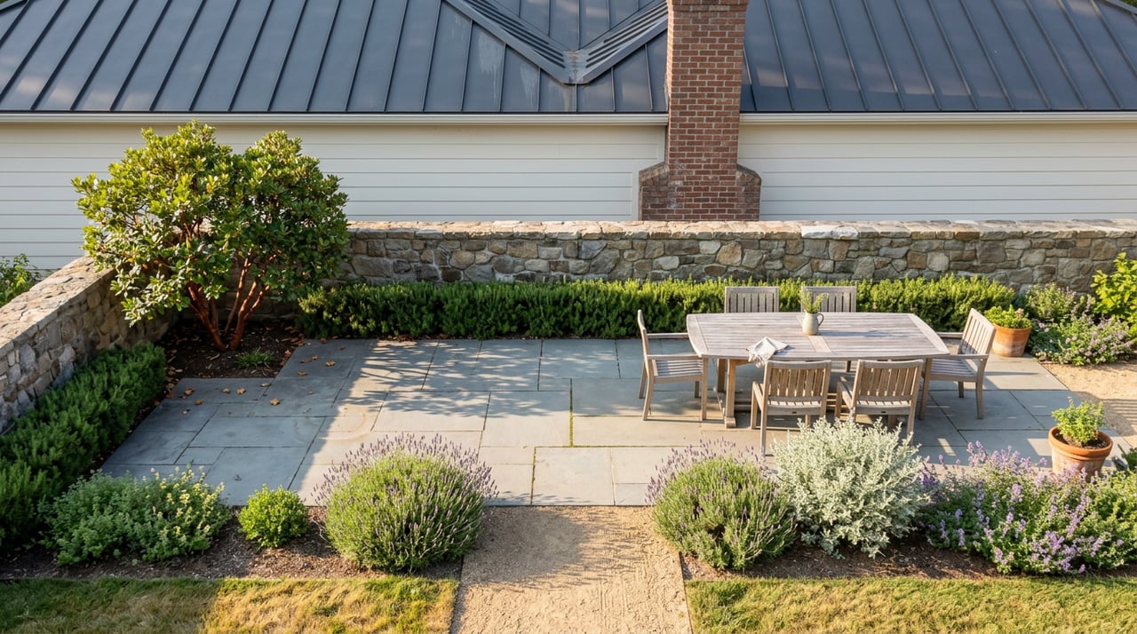 Elevated backyard patio with a teak dining set, bluestone paving, and a garden of herbs and flowering plants.