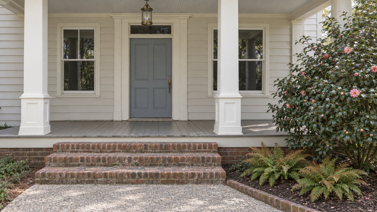 Elevated view of an oyster-painted wood home's covered entry, blue-gray door, brick steps and camellia planting.