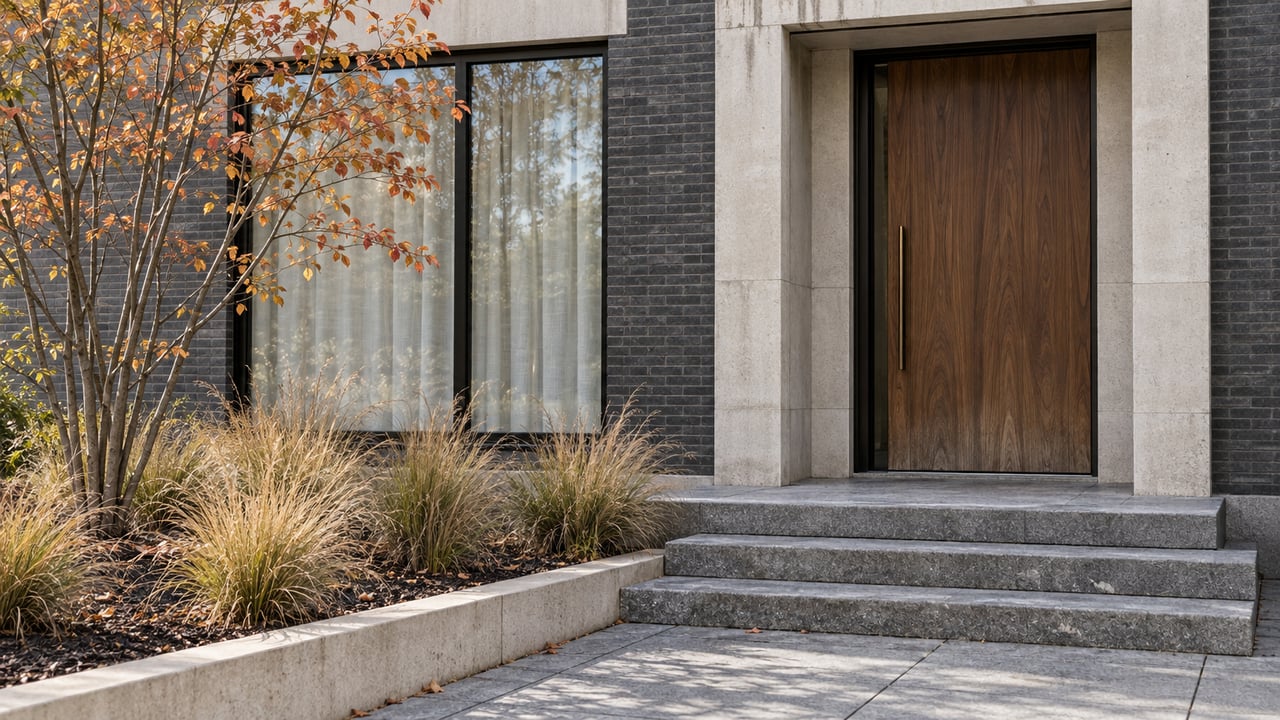 Walnut townhouse entry and charcoal brick facade above worn granite steps, beside copper-colored serviceberry leaves and a limestone-edged planting bed.