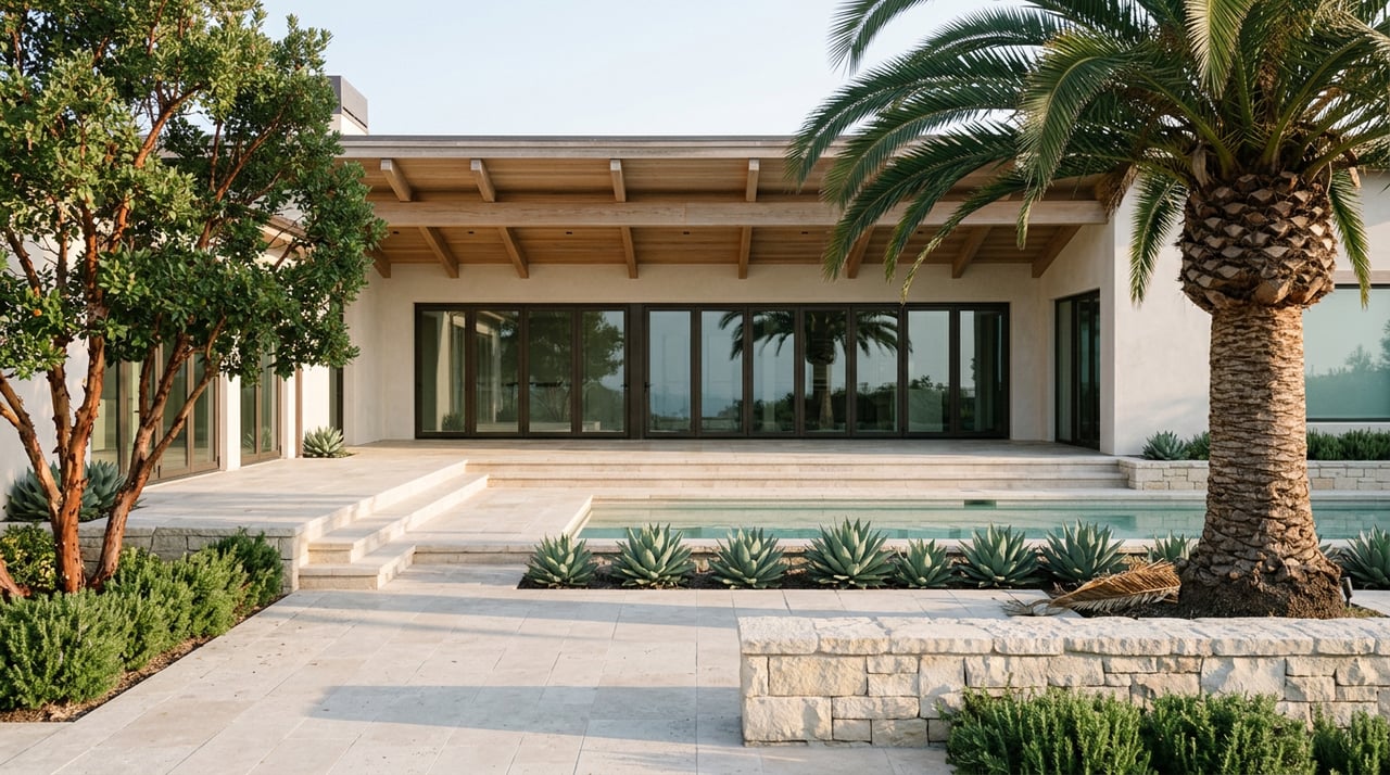 Stepped hillside terrace with a pale blue-green pool, glass-walled home, agaves, and palms.
