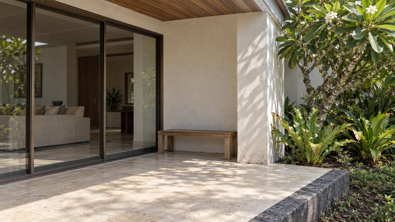 Sunlit plaster and teak lanai corner with closed glass sliders, cream stone paving and a flowering evergreen tree above bird’s nest ferns.