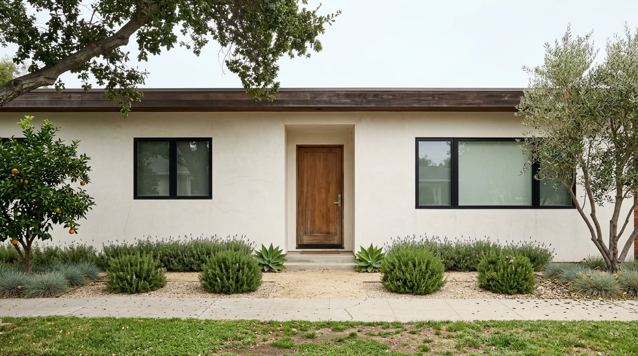 Single-story stucco home with cedar roofline, teak door, granite path, and an oak limb overhead.