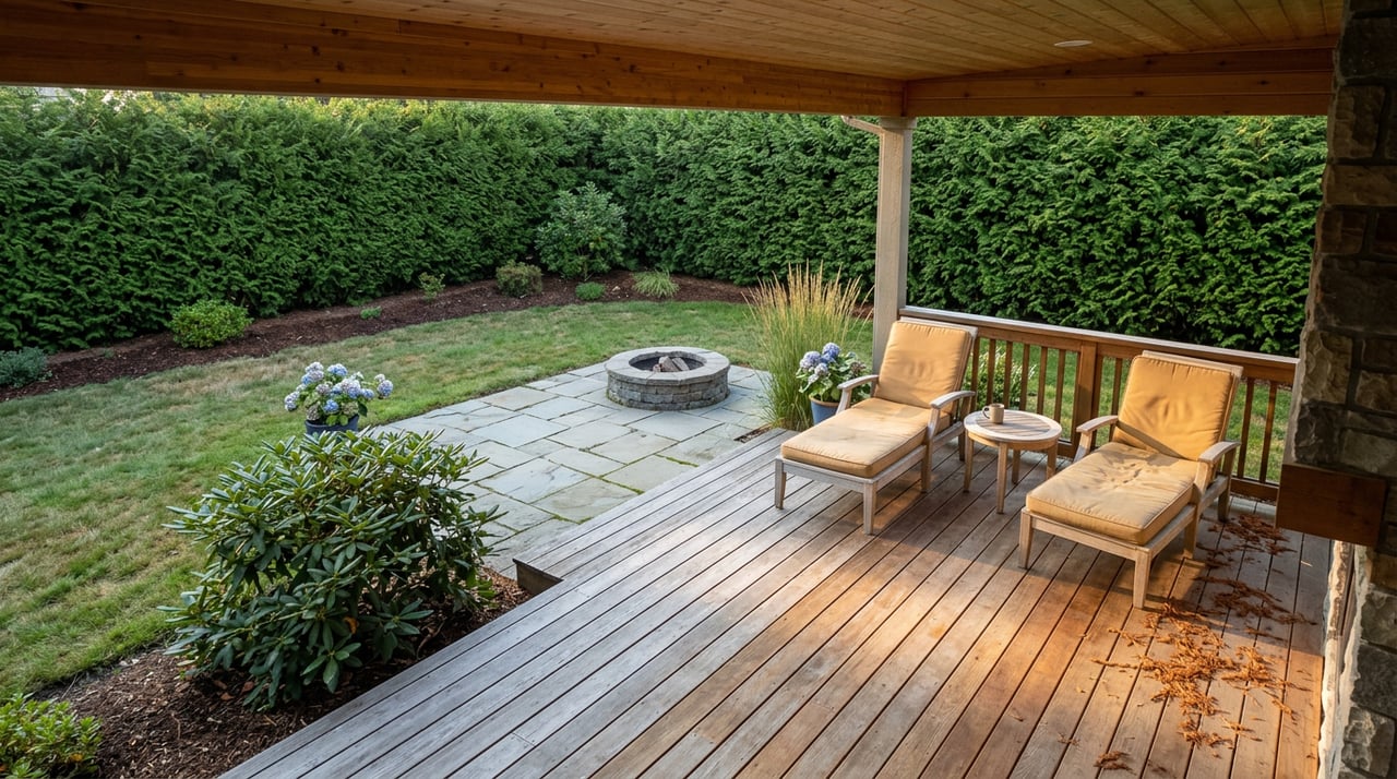 Cedar deck beside a flagstone patio with a stone firepit, teak lounge chairs, and a mug on a table.