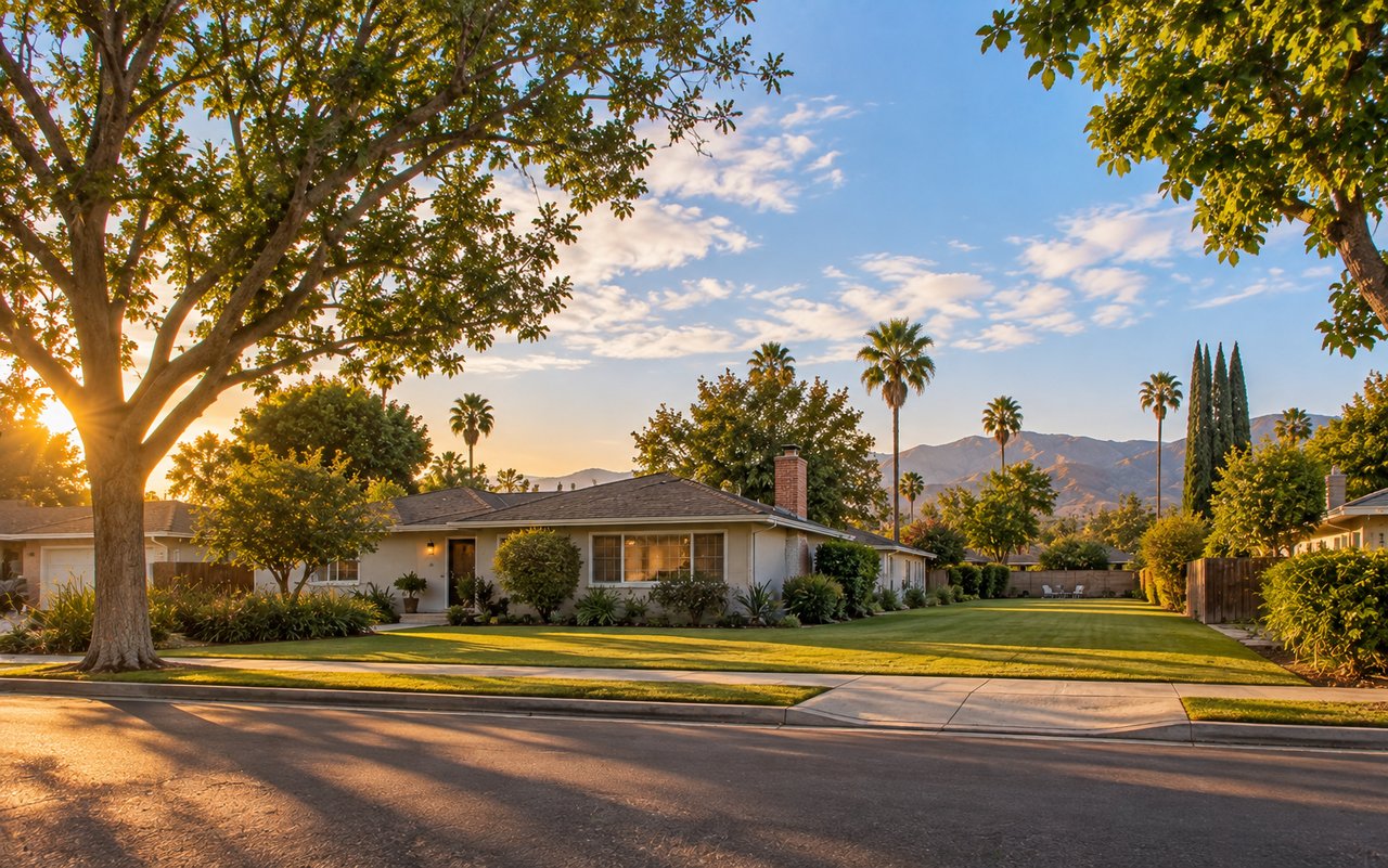 Flat postwar single-family lot with a deep open backyard on a San Fernando Valley street in warm afternoon light, illustrating 2026 California housing bills affecting Valley lots