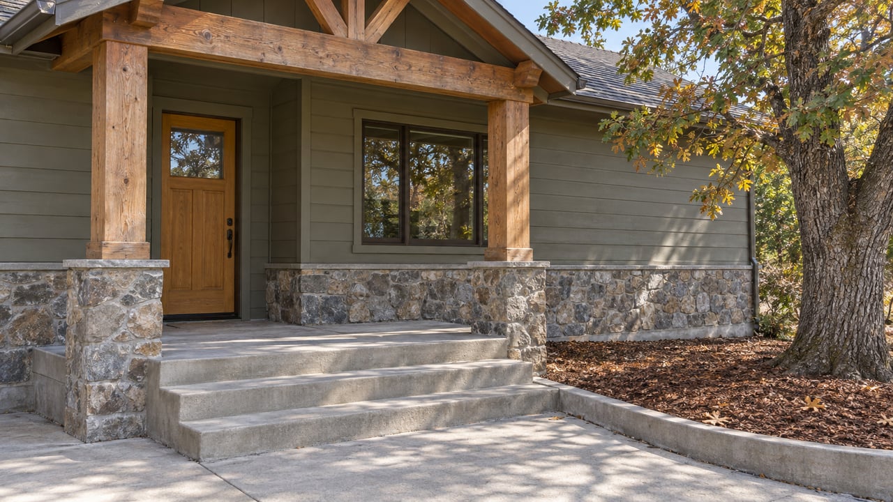 Timber porch with olive-gray siding, stone base and concrete steps beside an oak turning ochre.