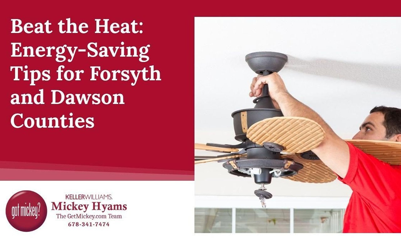 Summer energy-saving tips for Forsyth and Dawson Counties, with a man installing a ceiling fan.