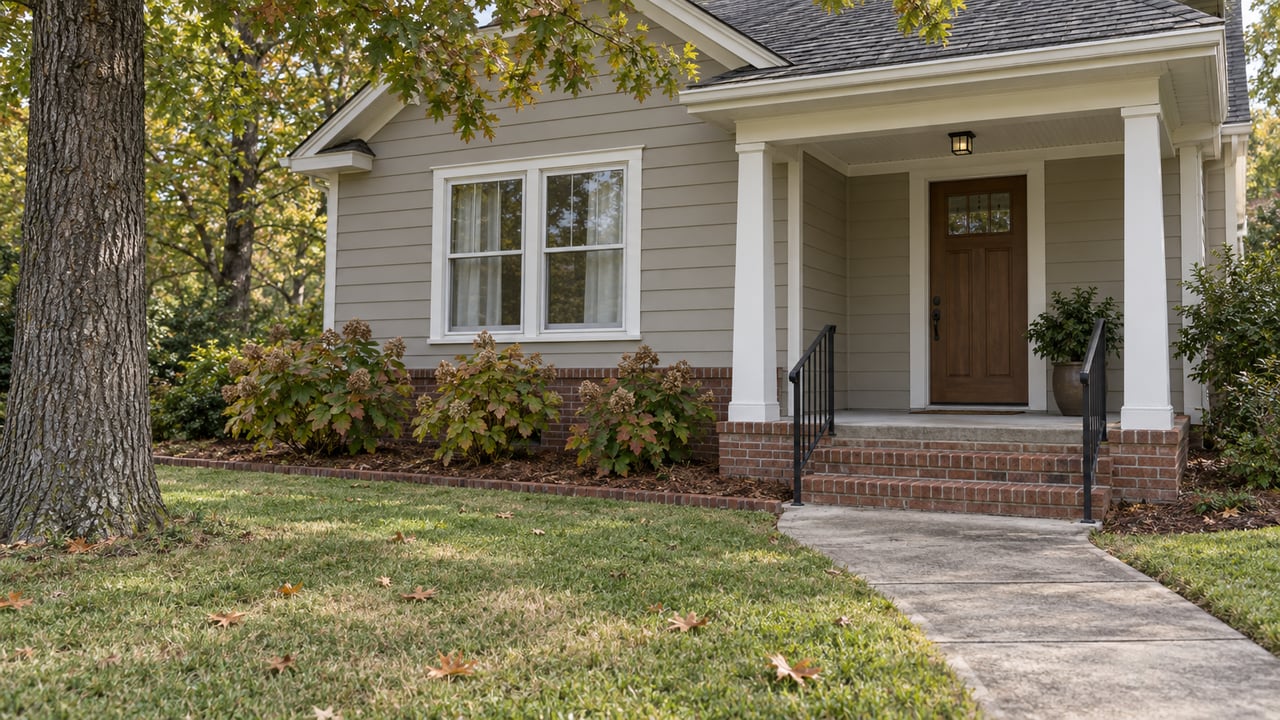 Gray gabled cottage with a brick foundation, small covered porch and concrete walk across an autumn lawn beneath a white oak.