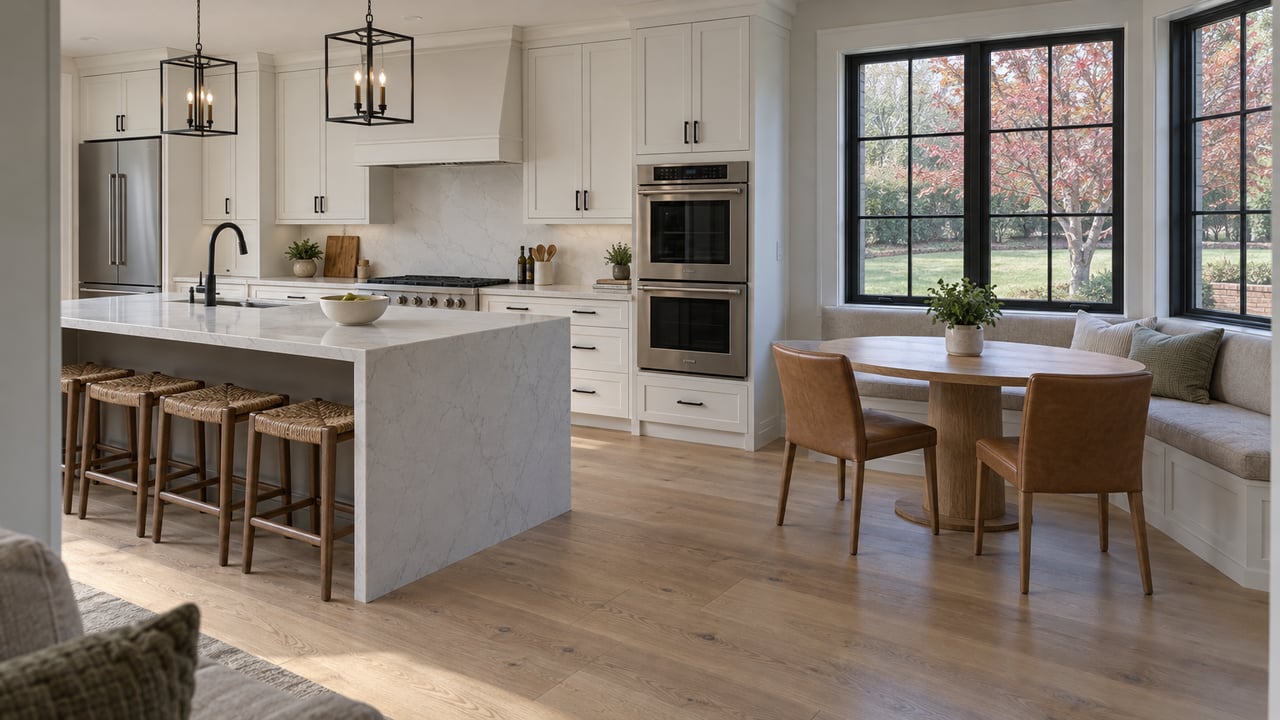 Bright renovated kitchen with a white quartz island, pale oak flooring and a cushioned breakfast bench beside autumn-facing windows.