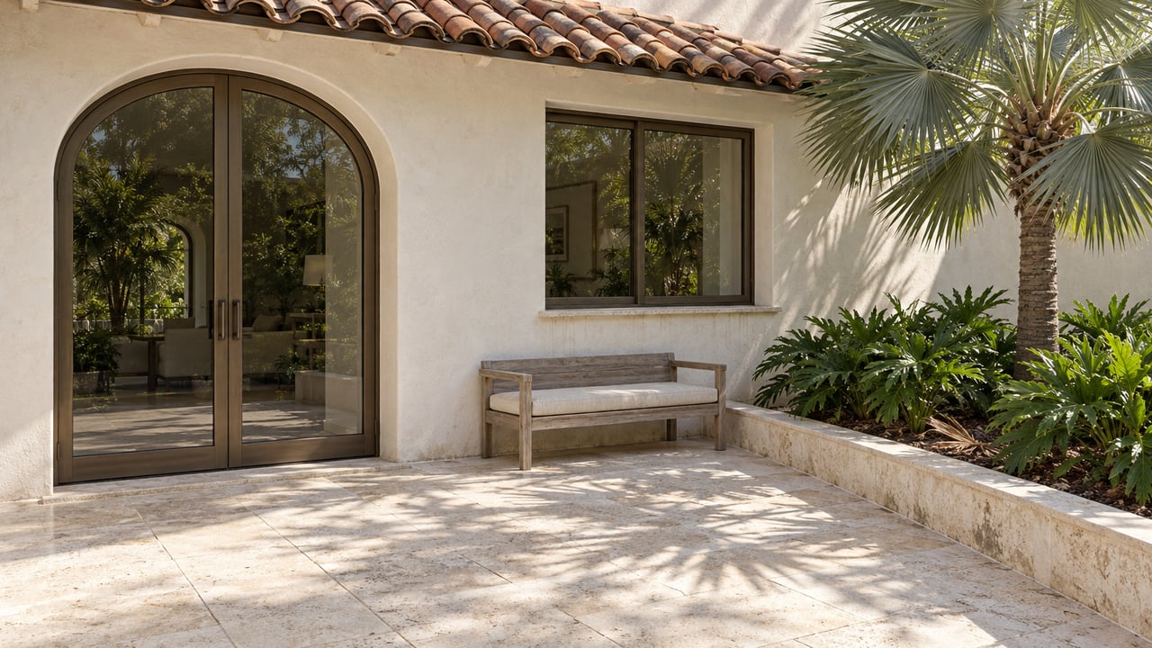 Sunlit limestone terrace beside a pale stucco home, with bronze-framed arched glass doors, a teak bench and a silver thatch palm.