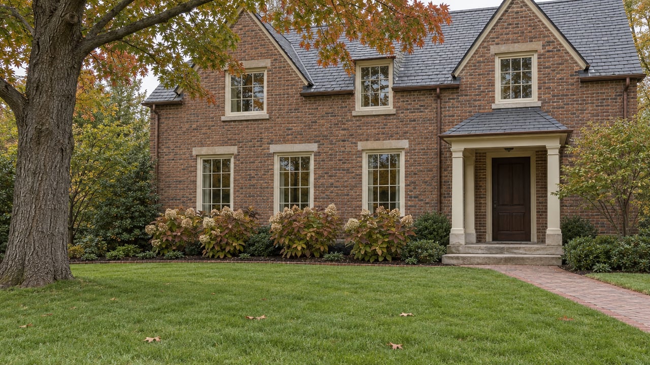 An established brick home with ivory window frames and a slate roof beyond a deep autumn lawn, framed by a mature red oak.