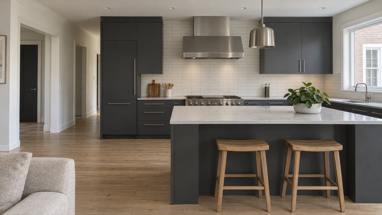 Contemporary kitchen with charcoal cabinetry, a stainless steel hood, pale quartz island and worn oak flooring in soft window light.