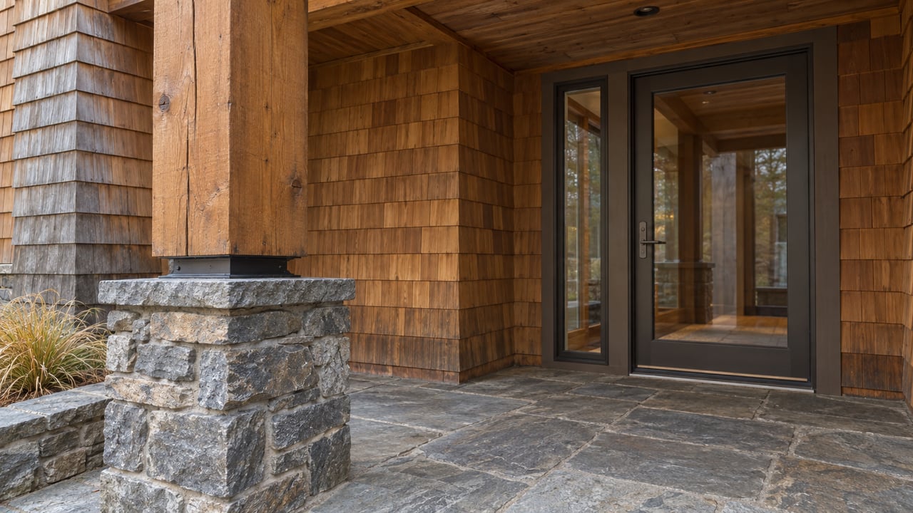A checked timber porch post rests on a gray stone pier beside a cedar-shingled entry with bronze-framed glazing and a worn flagstone landing.